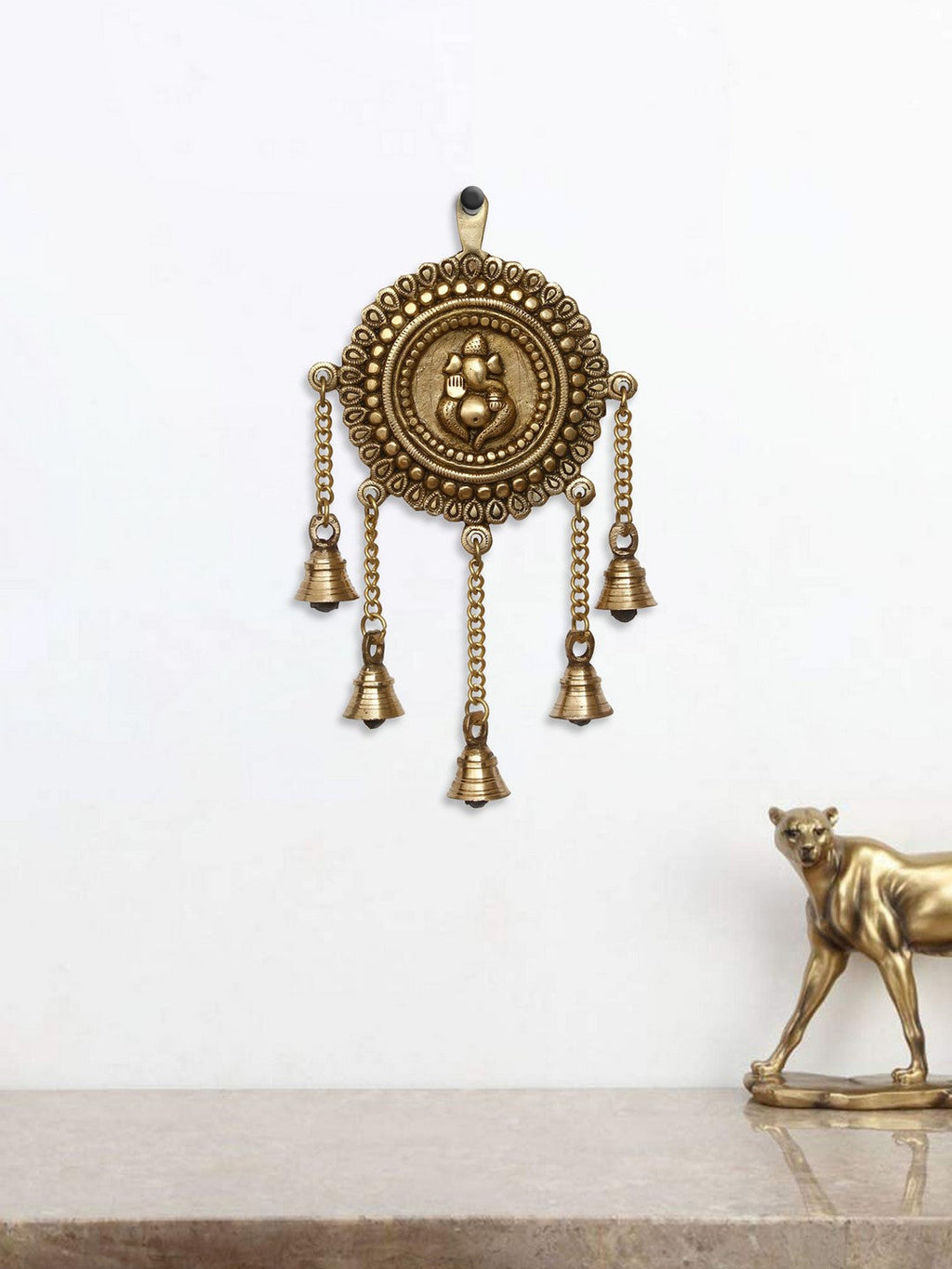 Golden Brass Decorative Lord Ganesha Wall Hanging with 5 Bells Showpiece Kafalo