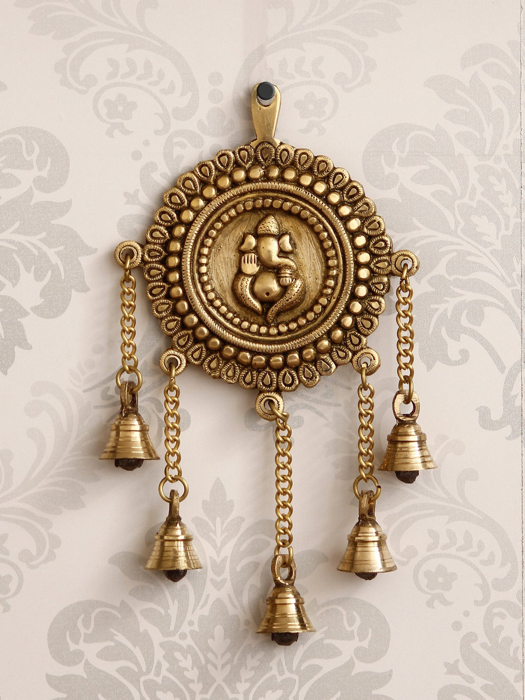 Golden Brass Decorative Lord Ganesha Wall Hanging with 5 Bells Showpiece Kafalo