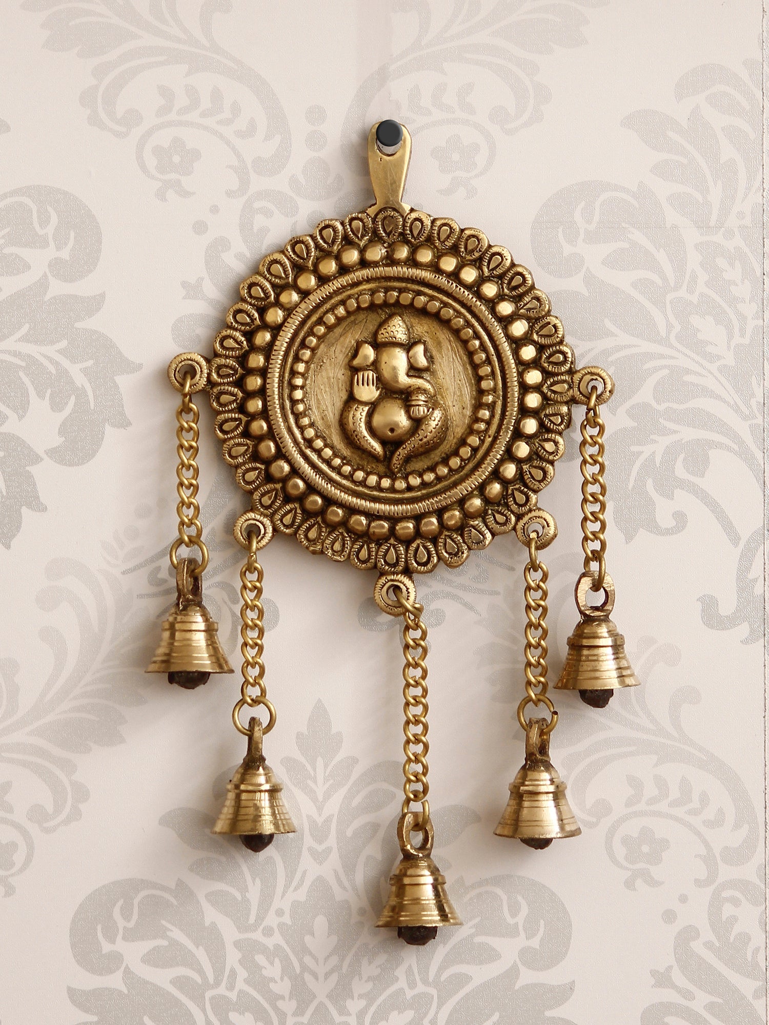 Golden Brass Decorative Lord Ganesha Wall Hanging with 5 Bells Showpiece Kafalo
