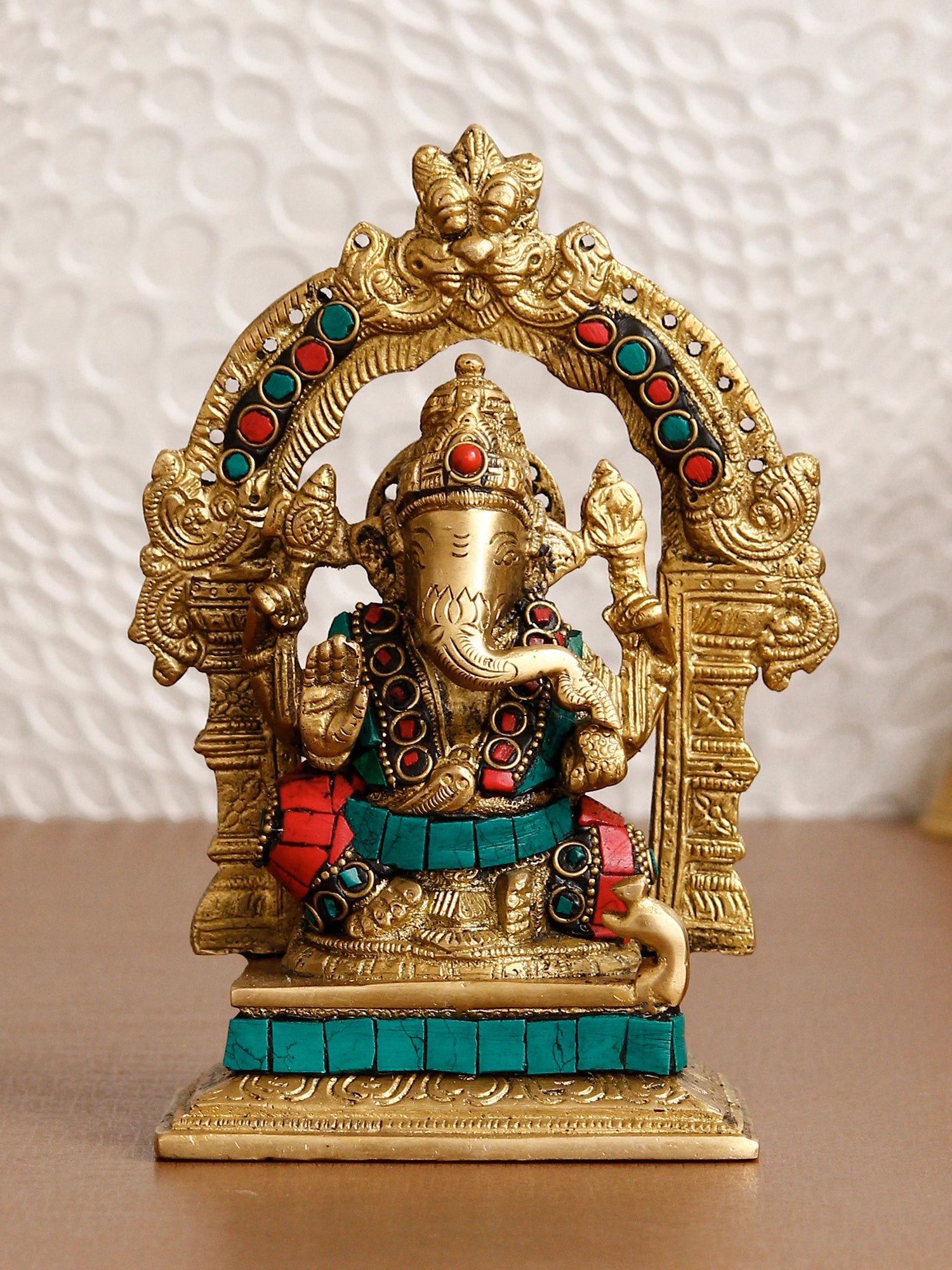 Golden Colorful Stone Work Handcrafted Brass Lord Ganesha Idol Sitting on Singhasan Kafalo