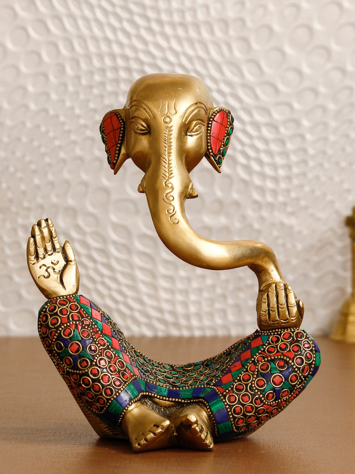 Golden Colorful Stone Work Handcrafted Meditating Brass Lord Ganesha Idol Kafalo