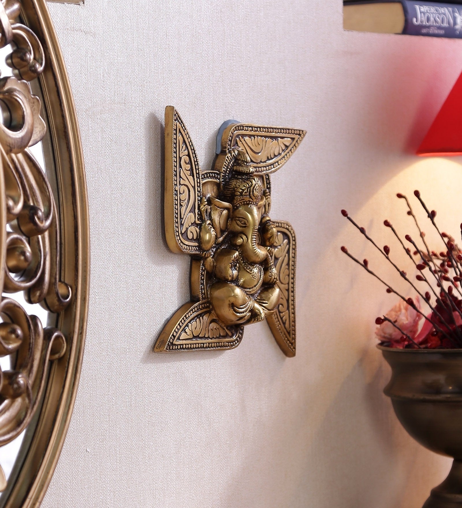 Brown and Golden Brass swastik ganesha wall Hanging/Art Kafalo
