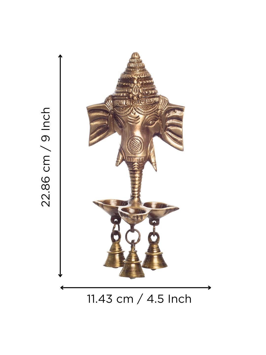 Golden Brass Ganesha Wall Hanging Diya with with Three Wicks and Bells Kafalo