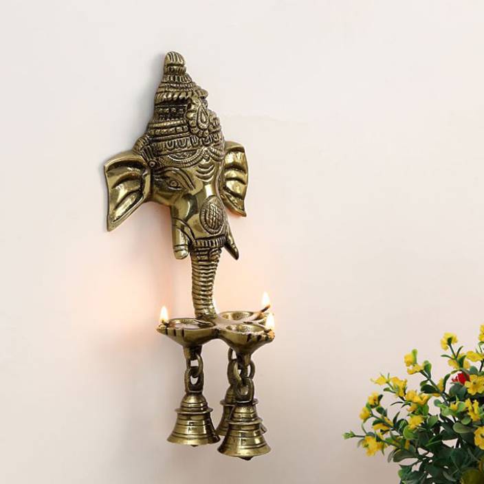 Golden Brass Ganesha Wall Hanging Diya with with Three Wicks and Bells Kafalo
