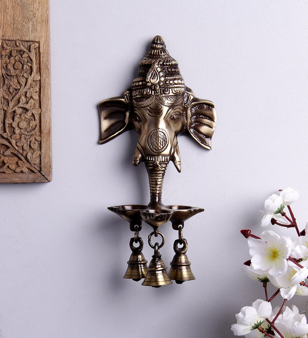 Golden Brass Ganesha Wall Hanging Diya with with Three Wicks and Bells Kafalo