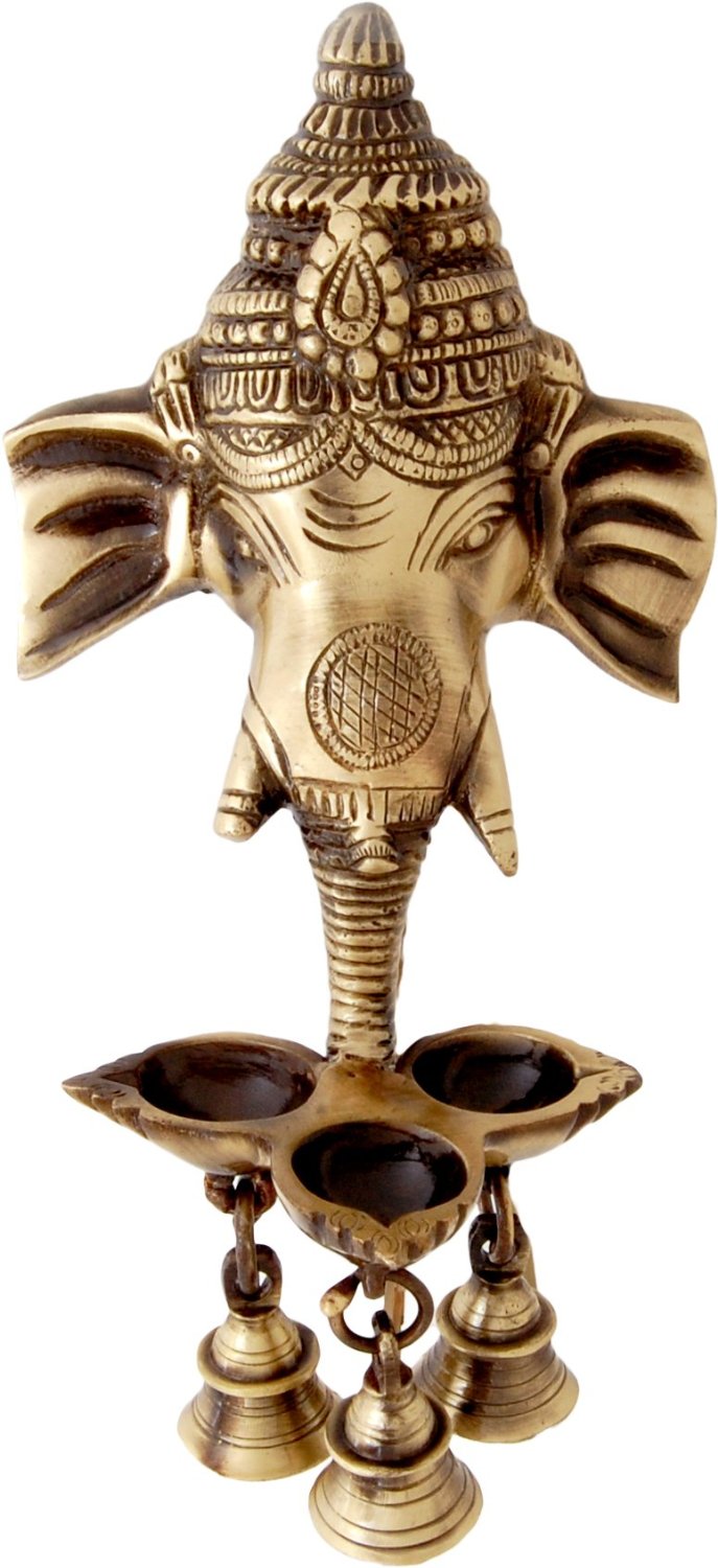Golden Brass Ganesha Wall Hanging Diya with with Three Wicks and Bells Kafalo