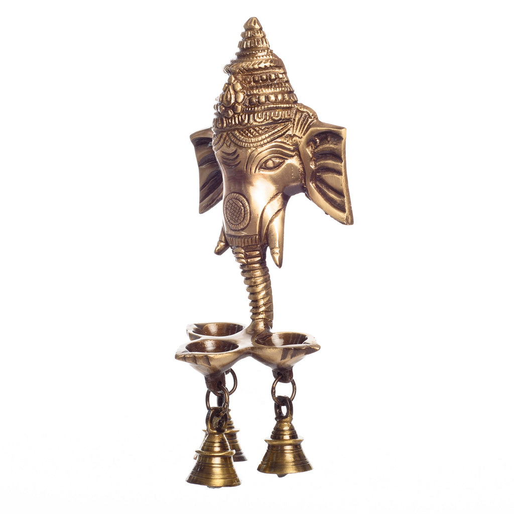 Golden Brass Ganesha Wall Hanging Diya with with Three Wicks and Bells Kafalo