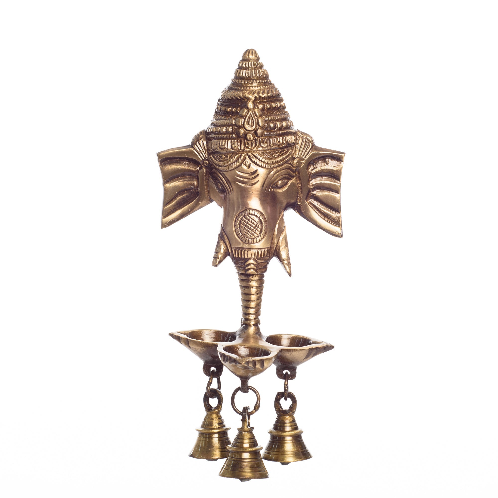 Golden Brass Ganesha Wall Hanging Diya with with Three Wicks and Bells Kafalo