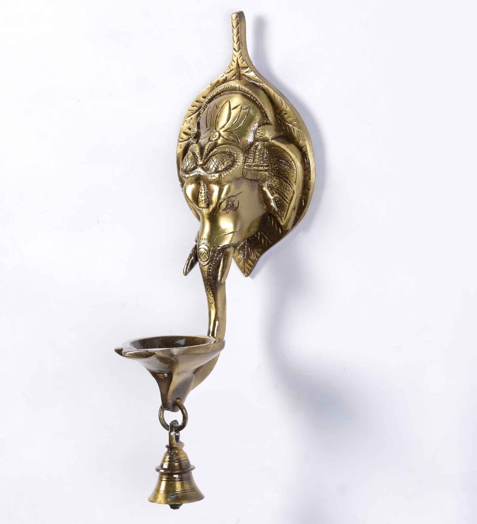 Golden Brass Ganesha Wall Hanging Diya with Bell Kafalo