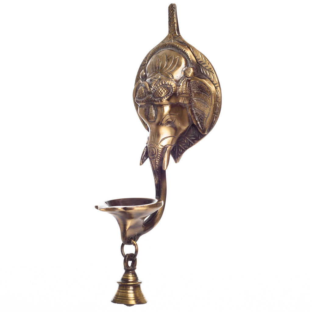 Golden Brass Ganesha Wall Hanging Diya with Bell Kafalo
