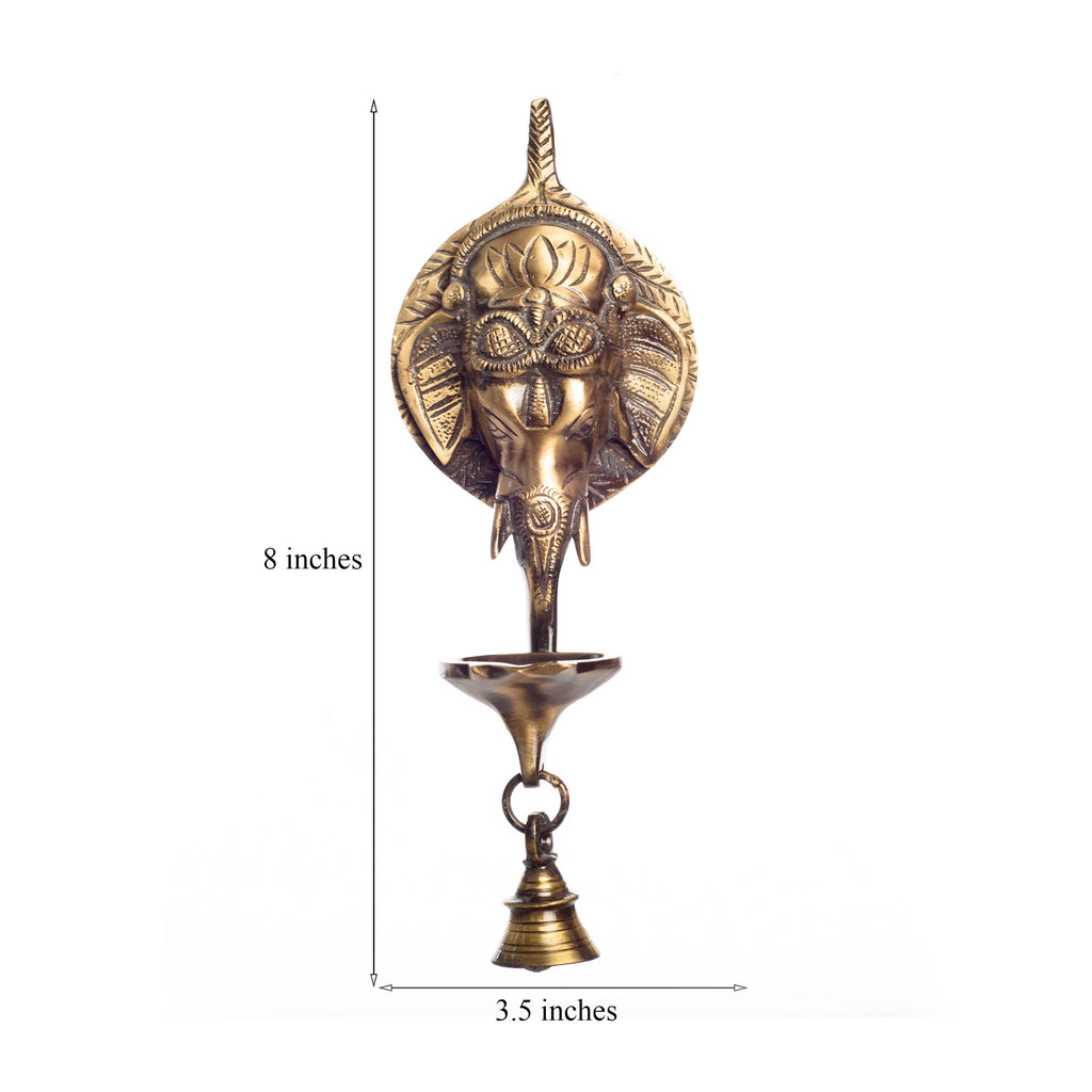 Golden Brass Ganesha Wall Hanging Diya with Bell Kafalo
