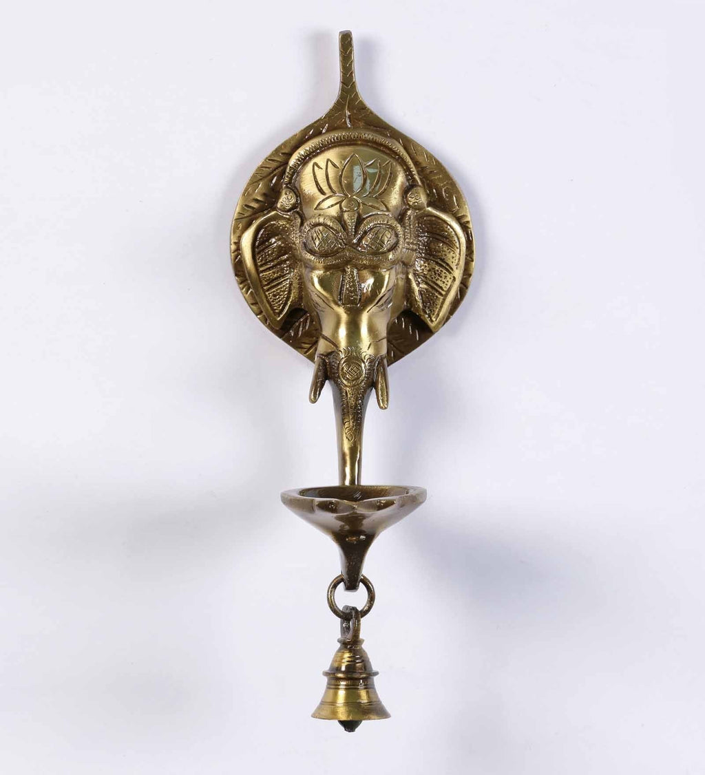 Golden Brass Ganesha Wall Hanging Diya with Bell Kafalo