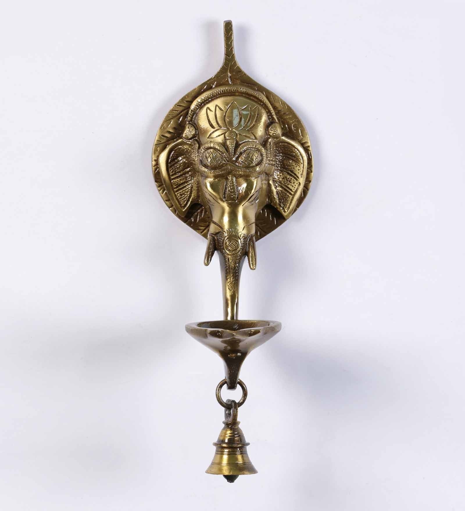 Golden Brass Ganesha Wall Hanging Diya with Bell Kafalo