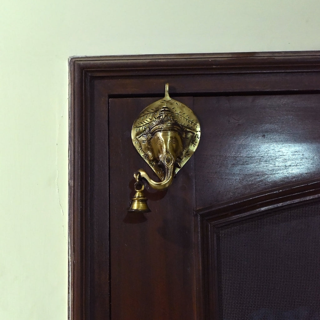 Brass Lord Ganesh Face Wall Hanging With Bell Kafalo