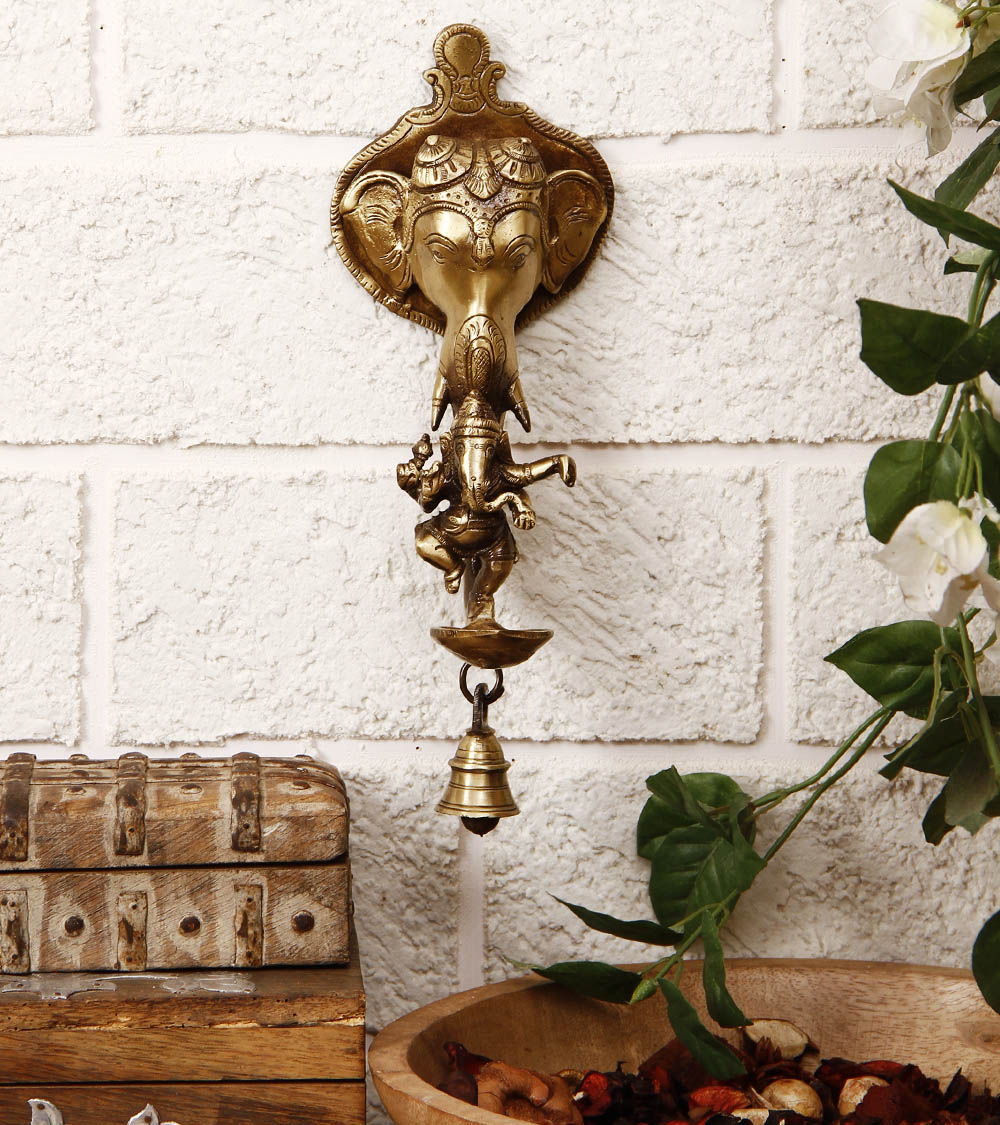 Golden Brass Ganesha wall hanging Diya with bell and Dancing Ganesha Idol Kafalo