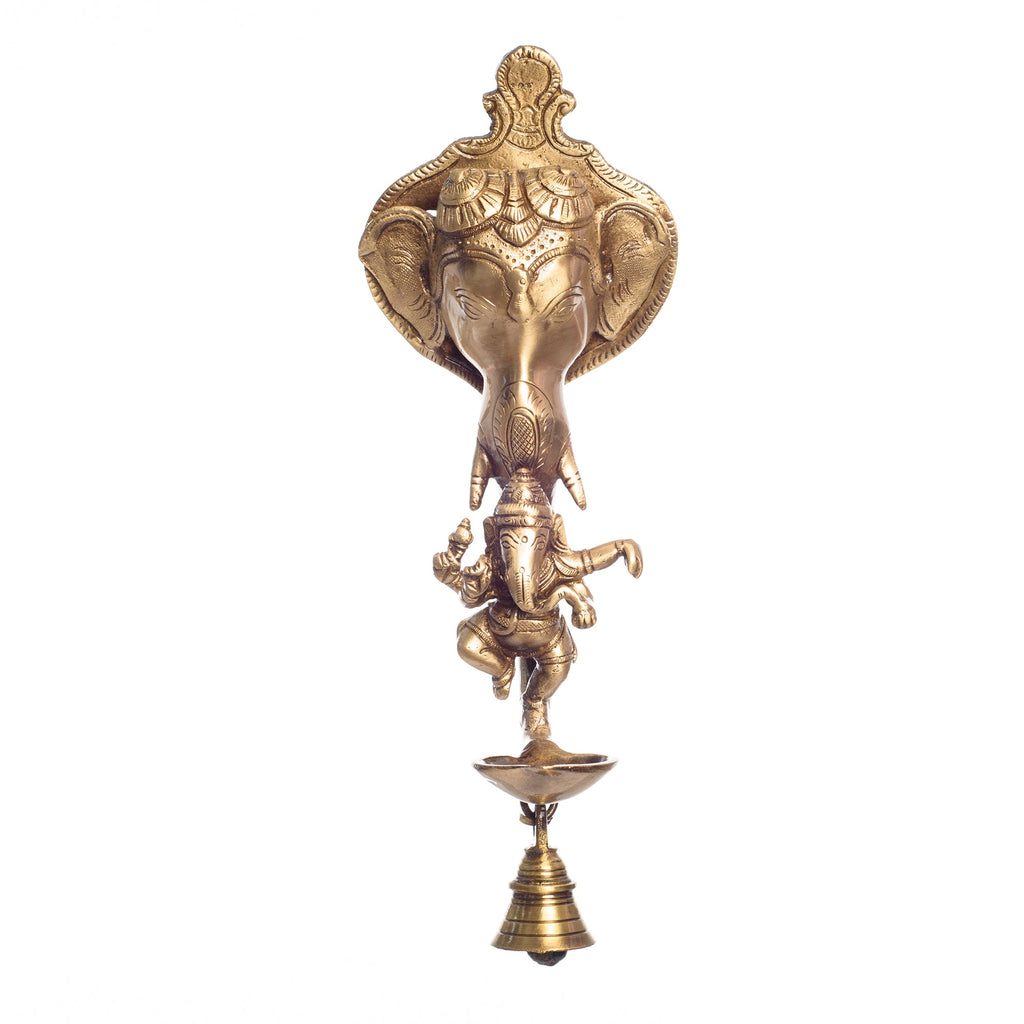 Golden Brass Ganesha wall hanging Diya with bell and Dancing Ganesha Idol Kafalo