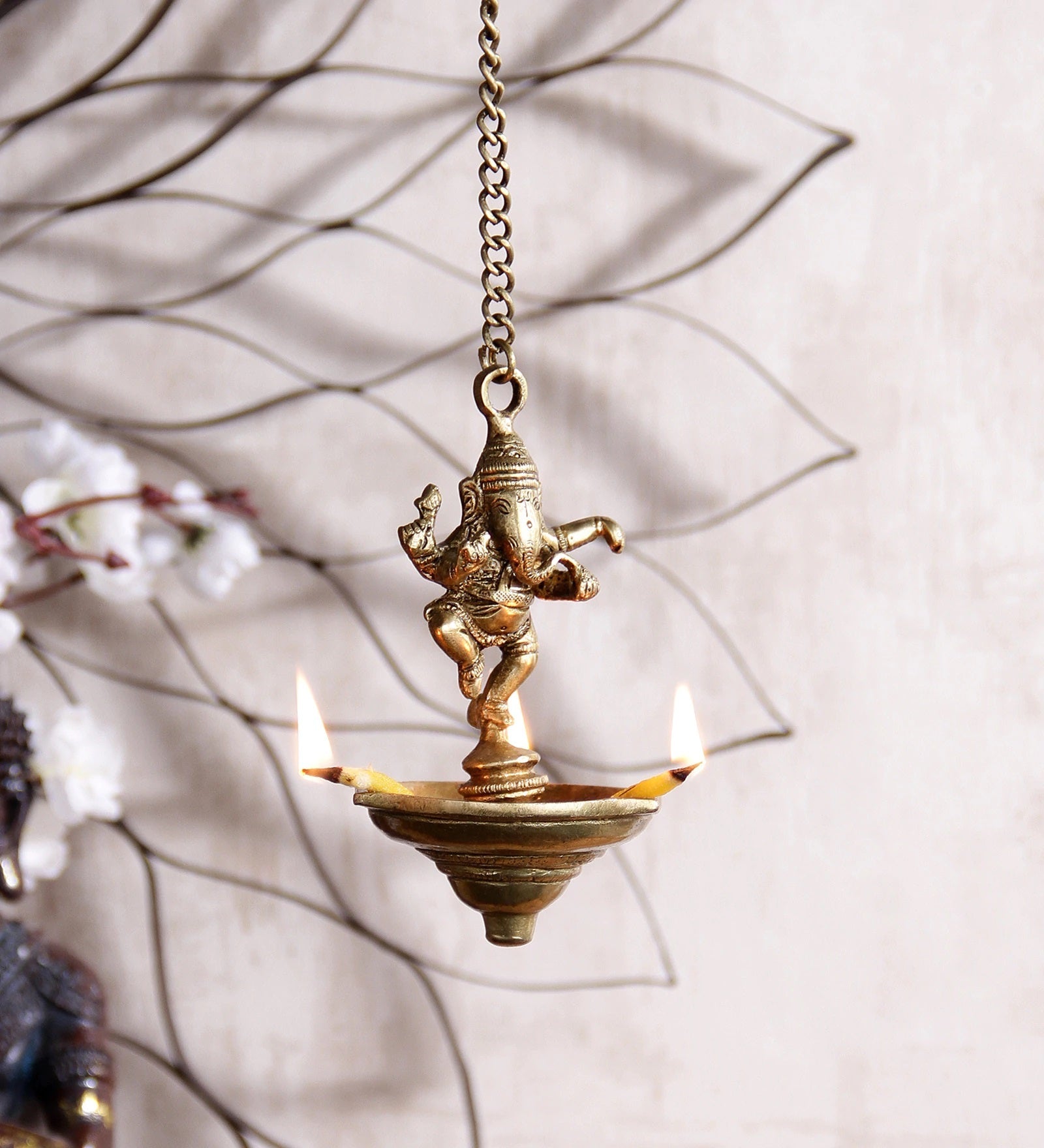 Brass Dancing Ganesha Idol Hanging Diya for 3 Oil Wicks Kafalo