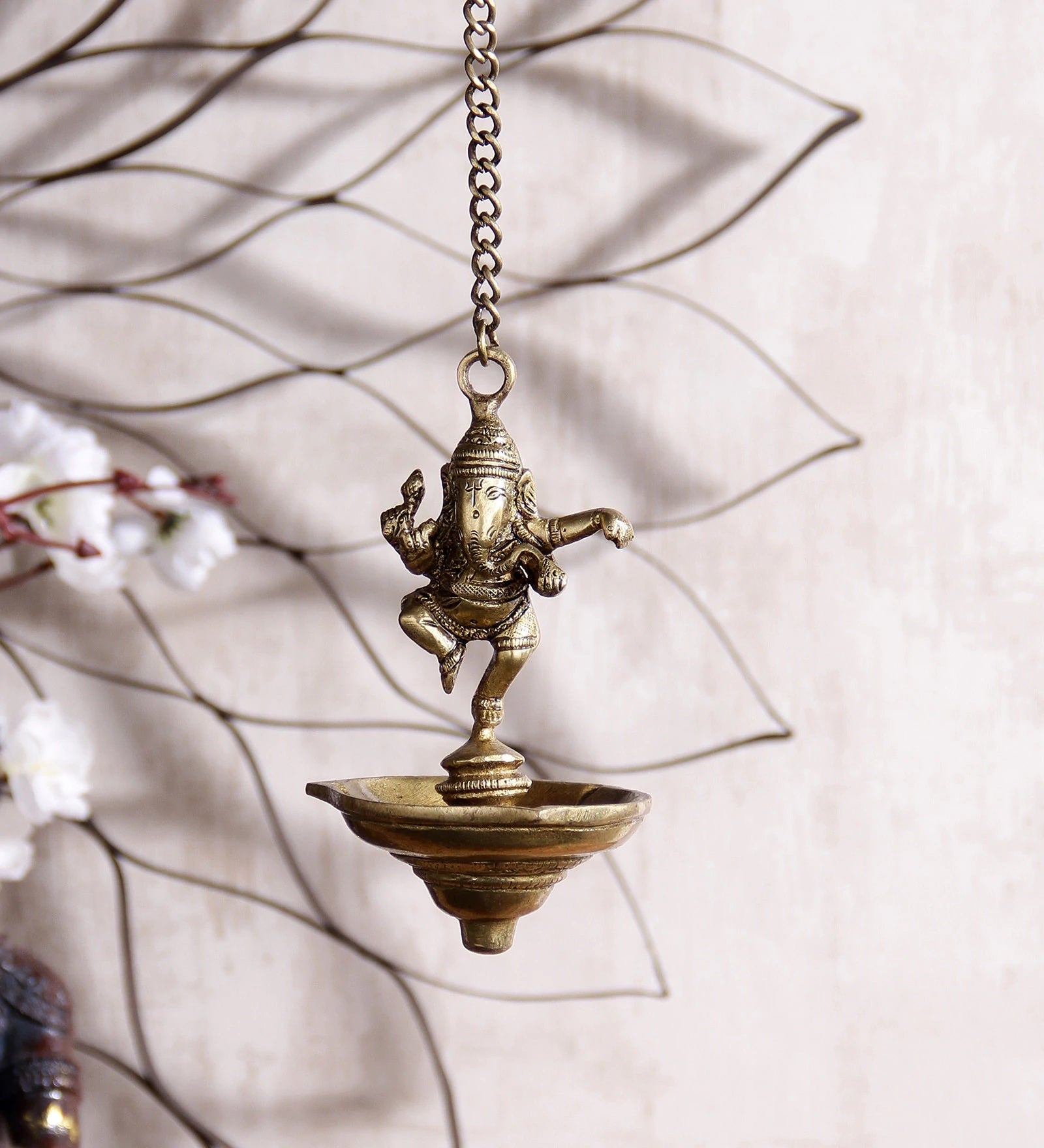 Brass Dancing Ganesha Idol Hanging Diya for 3 Oil Wicks Kafalo