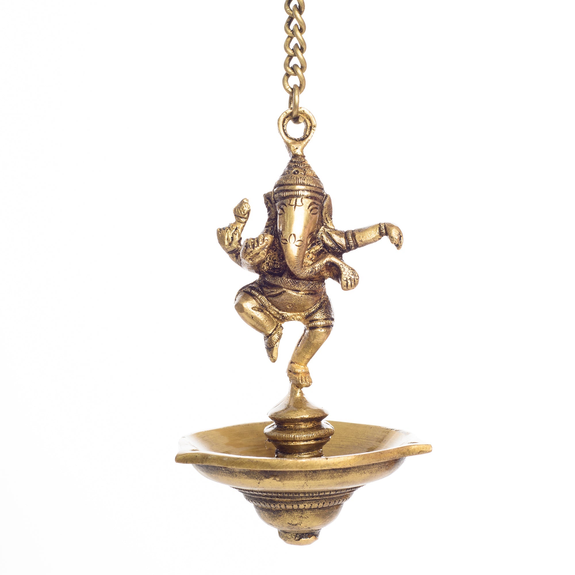 Brass Dancing Ganesha Idol Hanging Diya for 3 Oil Wicks Kafalo