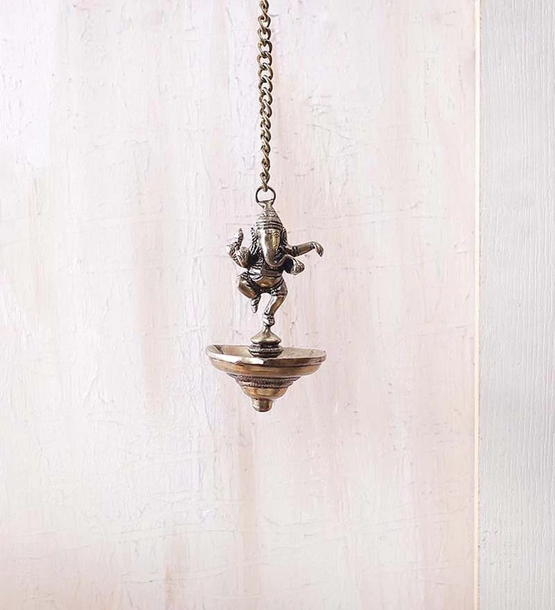 Brass Dancing Ganesha Idol Hanging Diya for 3 Oil Wicks Kafalo