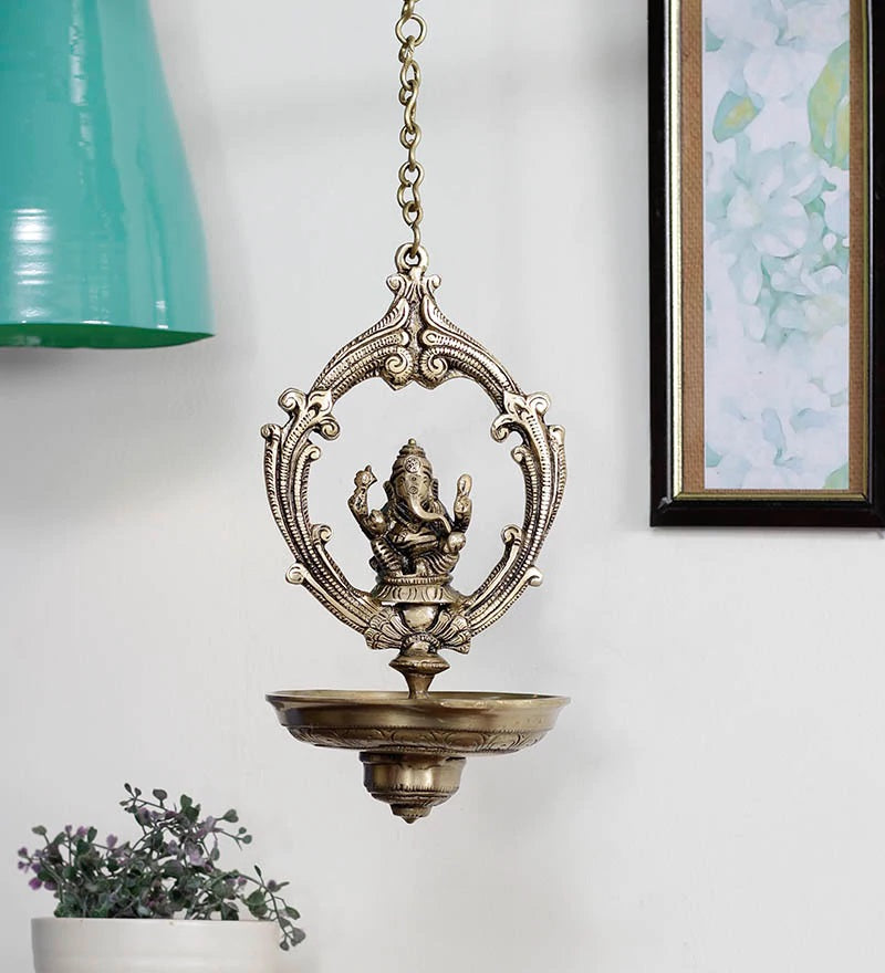 Golden Brass Lord Ganesha Idol Hanging Diya Kafalo