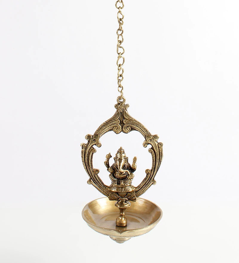 Golden Brass Lord Ganesha Idol Hanging Diya Kafalo