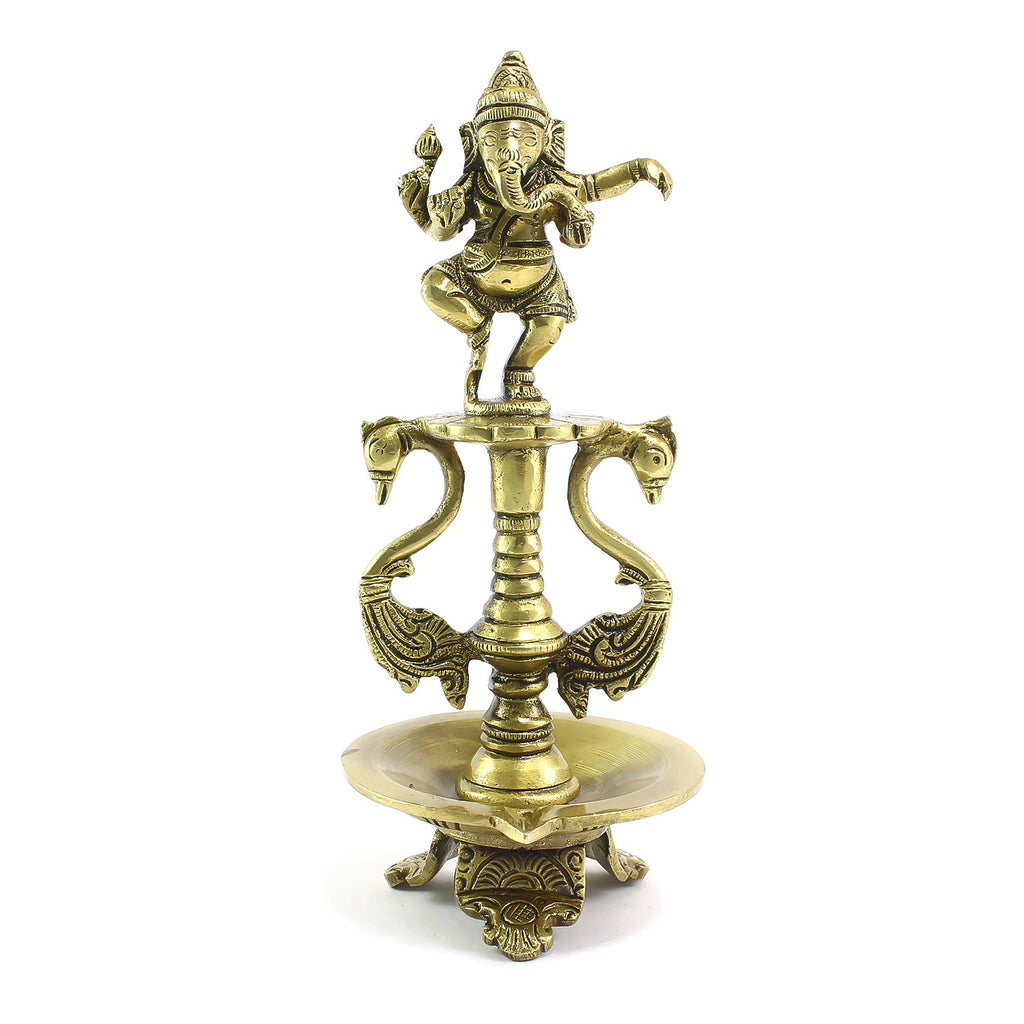 Golden Brass Diya with Lord Ganesha Idol and Peacock Design Stand Kafalo