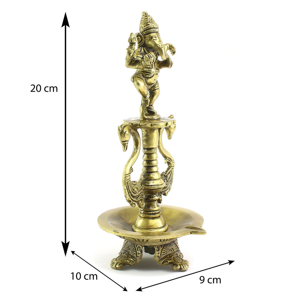 Golden Brass Diya with Lord Ganesha Idol and Peacock Design Stand Kafalo