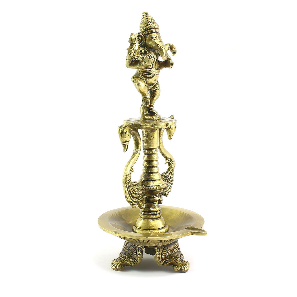 Golden Brass Diya with Lord Ganesha Idol and Peacock Design Stand Kafalo