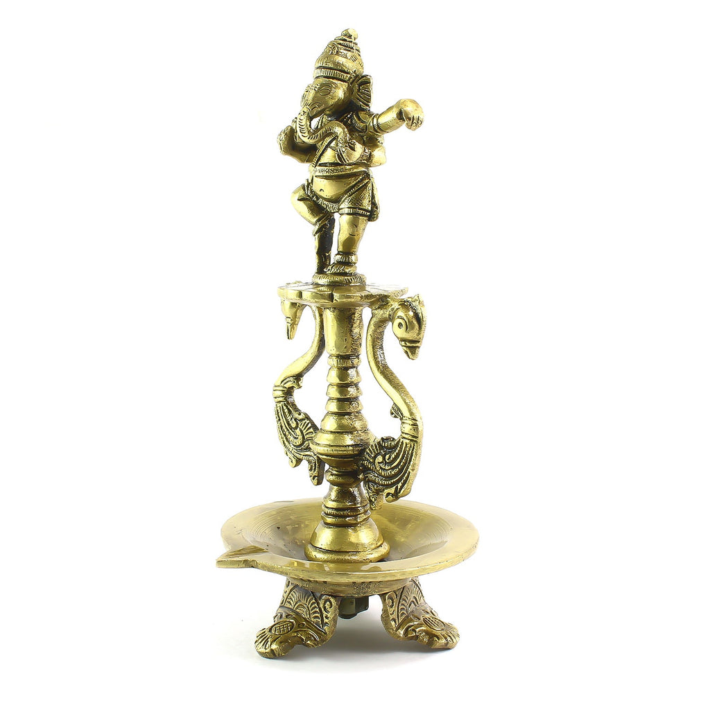 Golden Brass Diya with Lord Ganesha Idol and Peacock Design Stand Kafalo