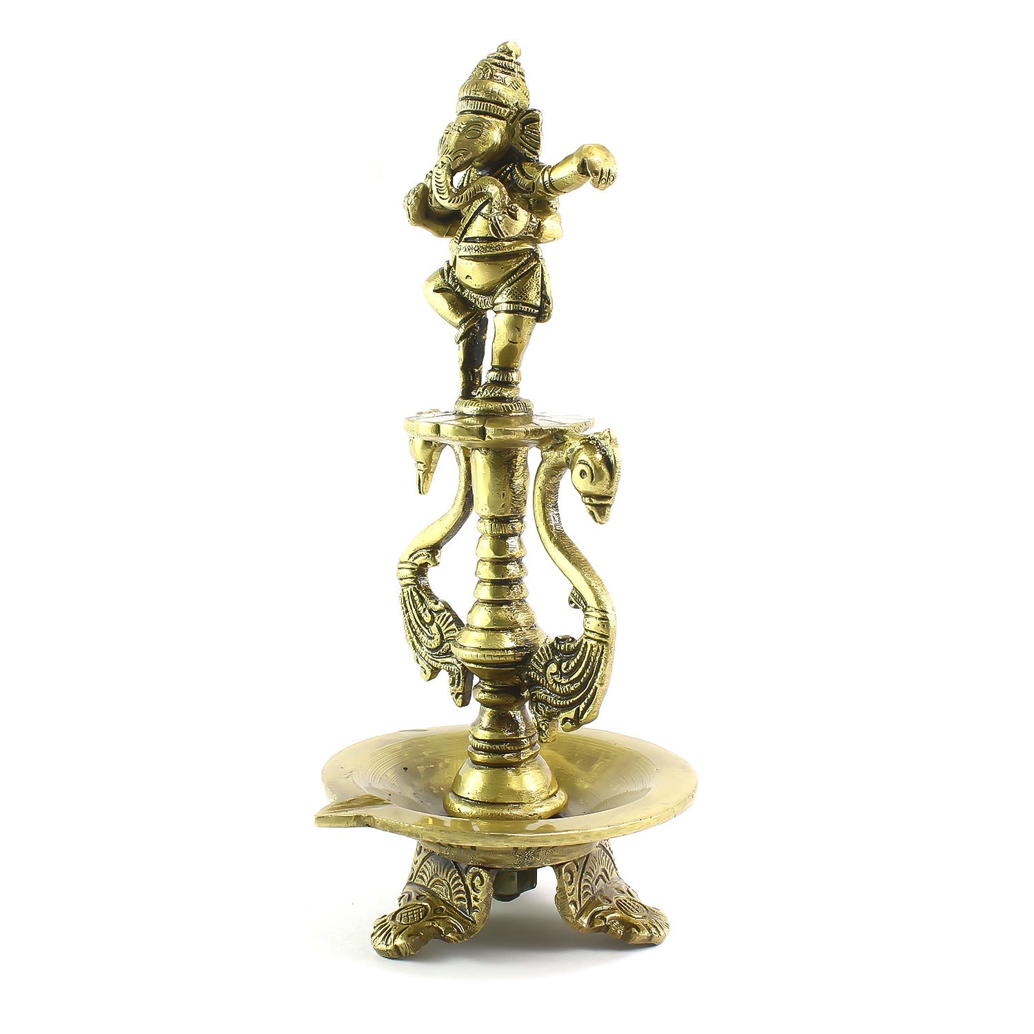 Golden Brass Diya with Lord Ganesha Idol and Peacock Design Stand Kafalo