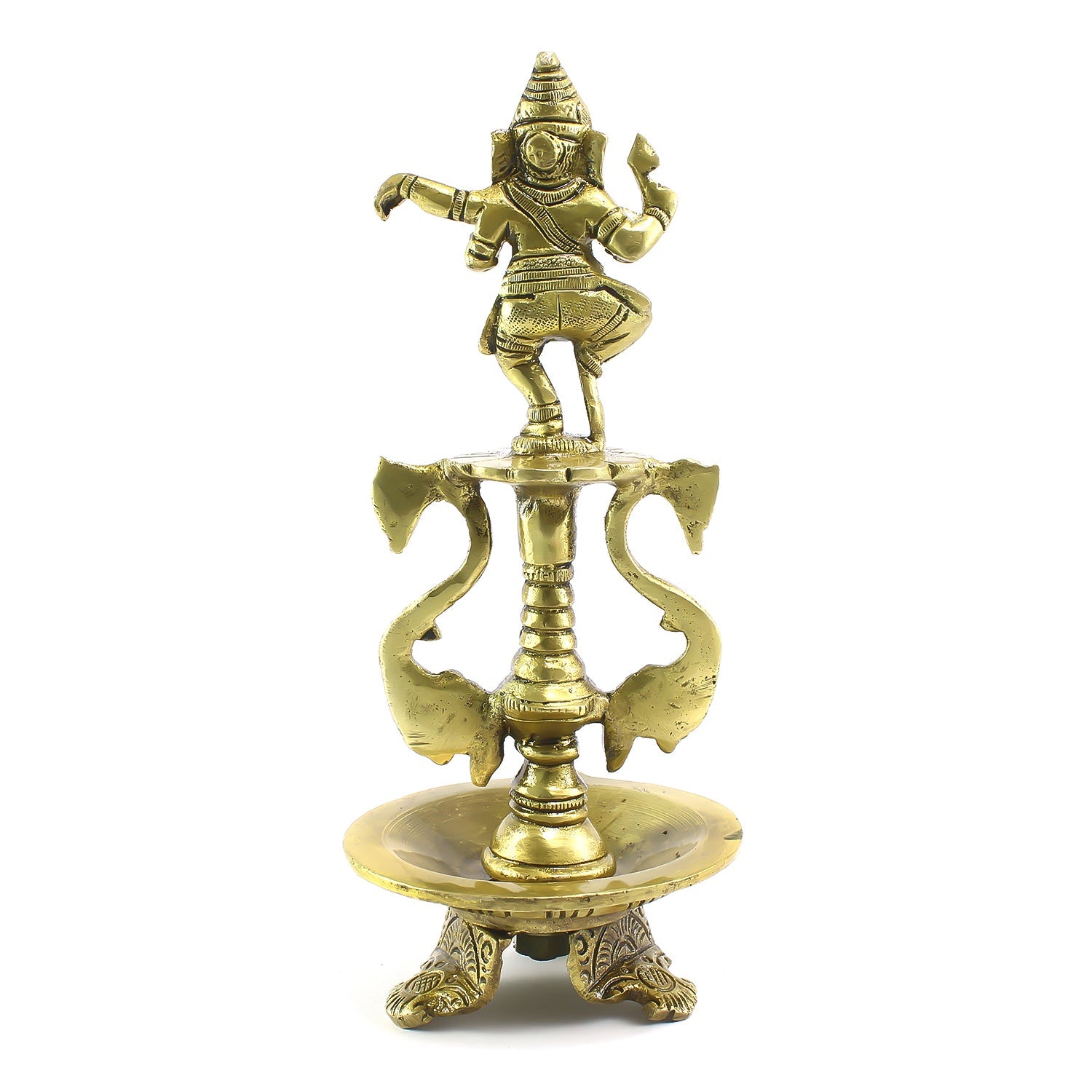Golden Brass Diya with Lord Ganesha Idol and Peacock Design Stand Kafalo