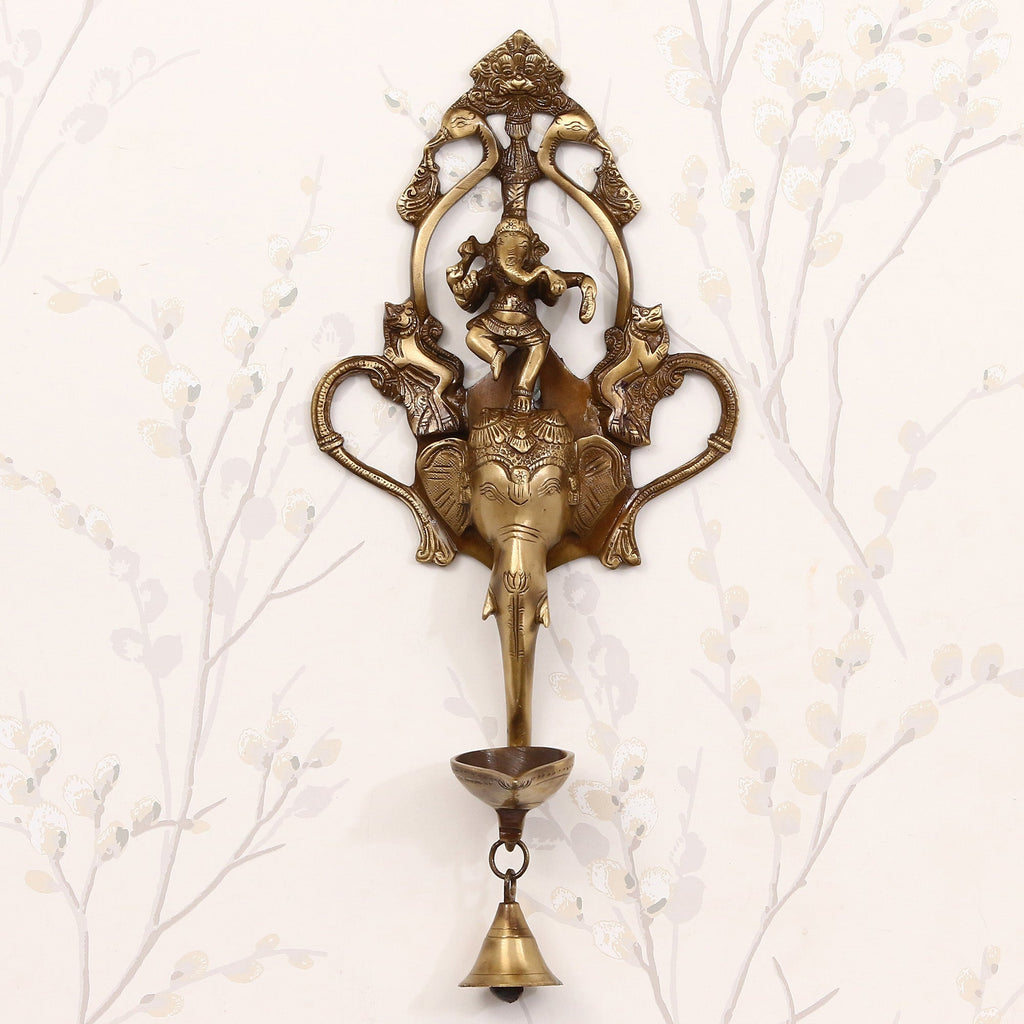 Golden Brass Handcrafted Ganesha wall hanging Diya with bell and Dancing Ganesha Idol Kafalo