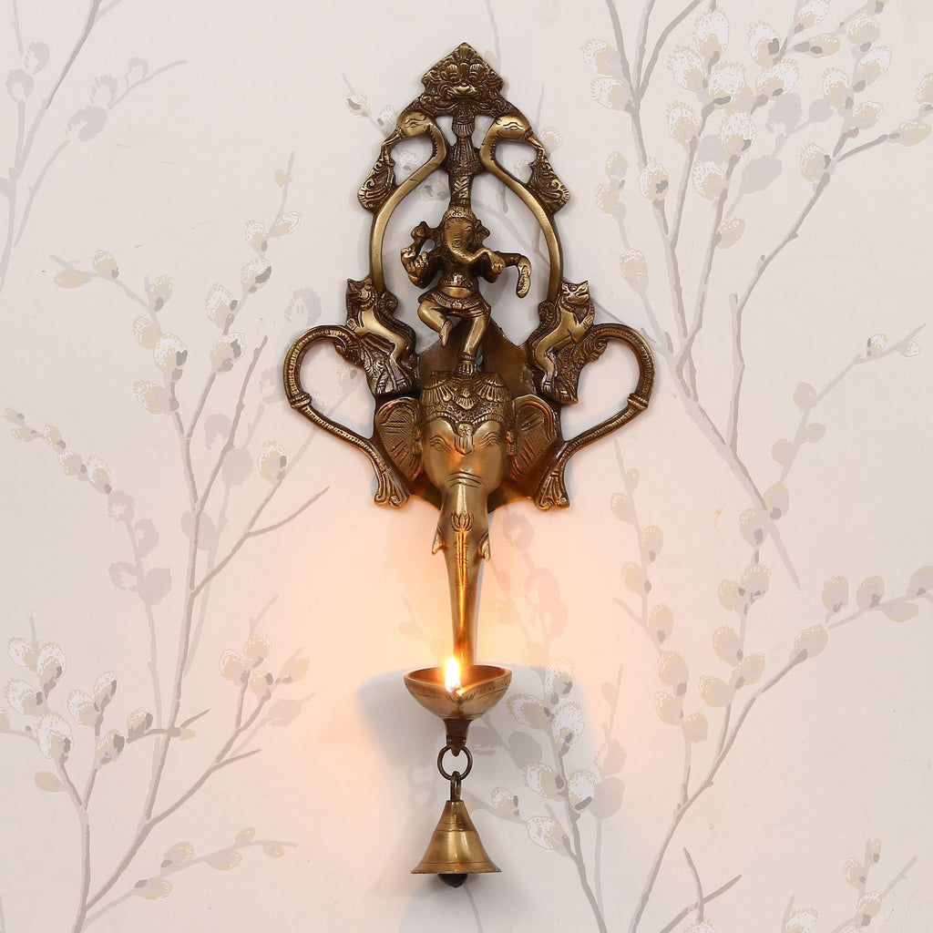 Golden Brass Handcrafted Ganesha wall hanging Diya with bell and Dancing Ganesha Idol Kafalo