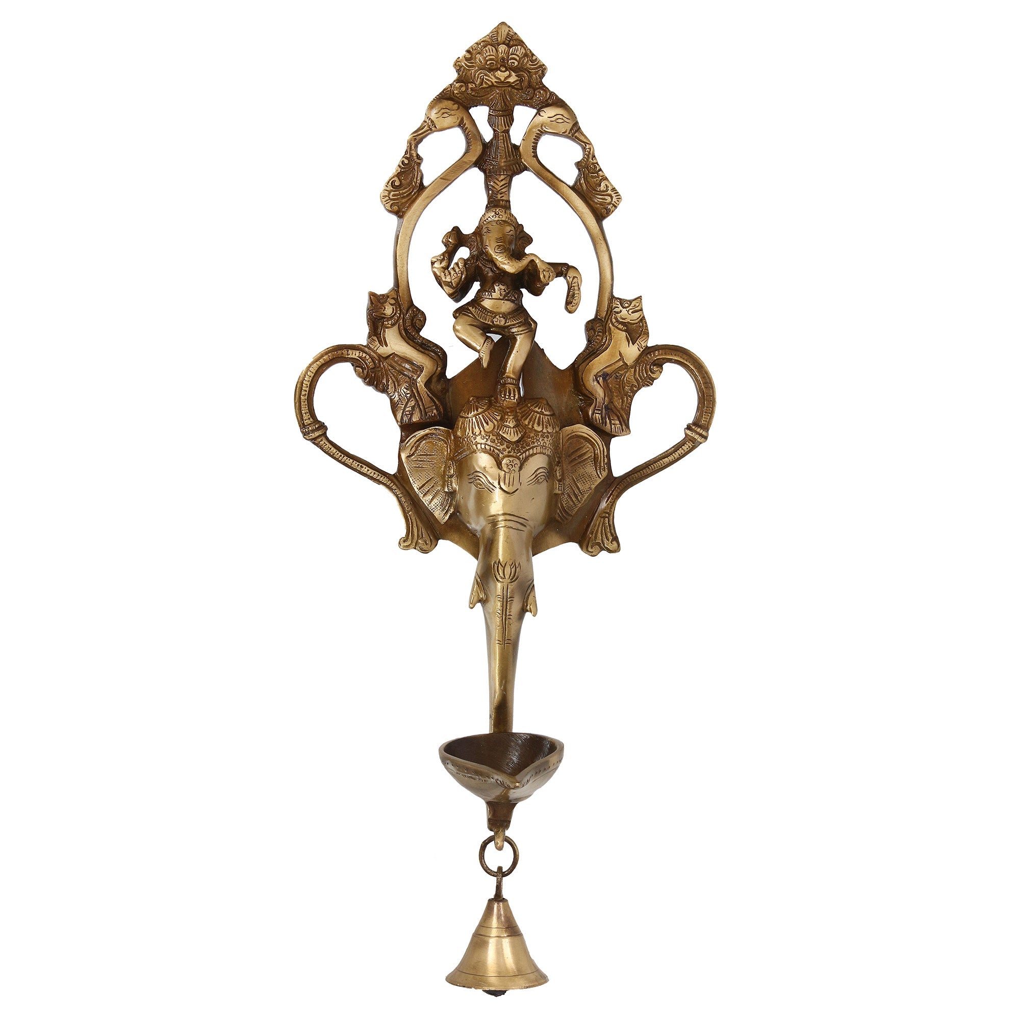 Golden Brass Handcrafted Ganesha wall hanging Diya with bell and Dancing Ganesha Idol Kafalo