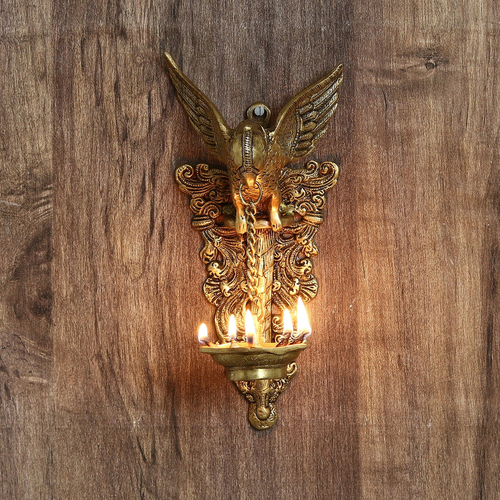 Golden Decorative Handcrafted Parrot Holding Brass wall Hanging Diya for 5 wicks Kafalo