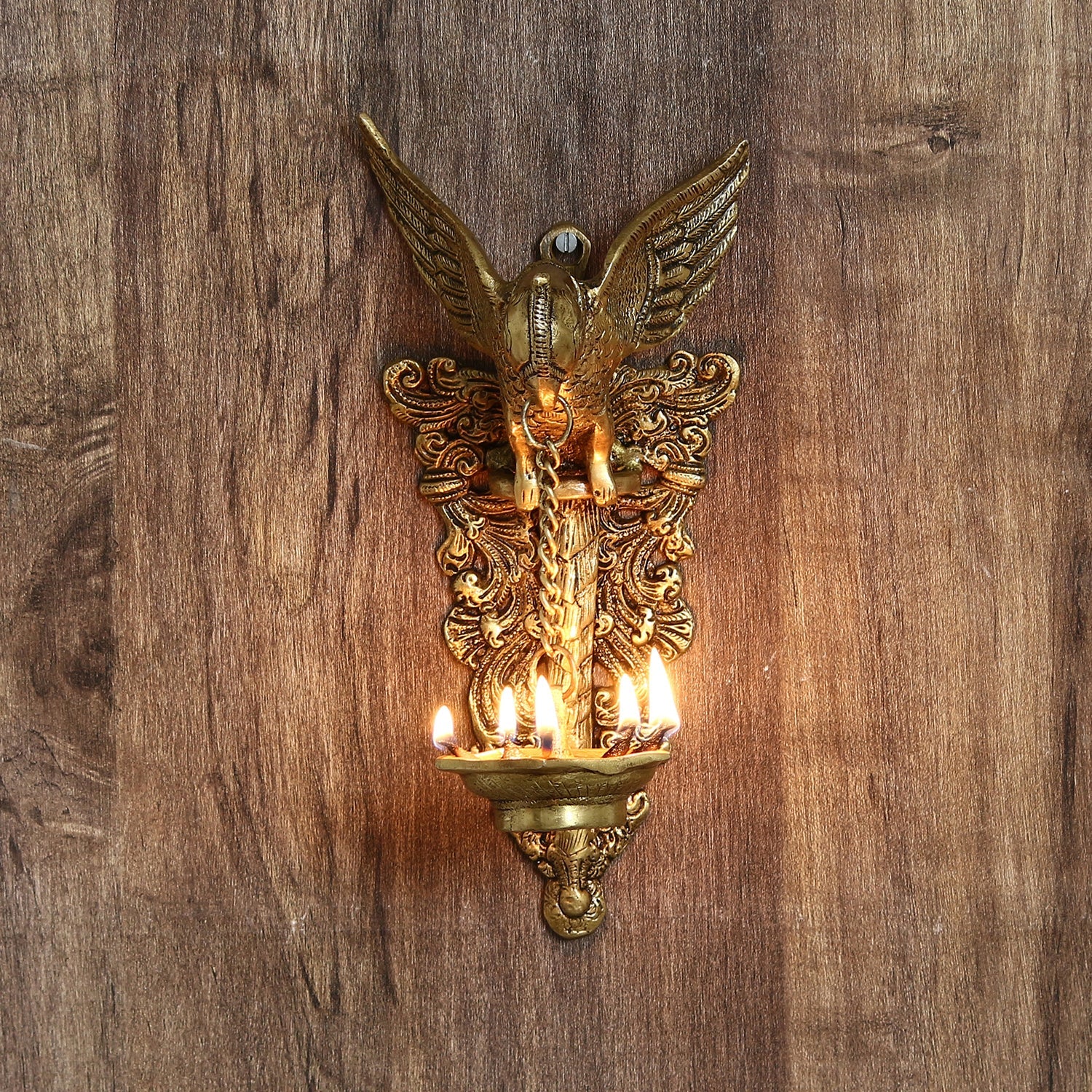 Golden Decorative Handcrafted Parrot Holding Brass wall Hanging Diya for 5 wicks Kafalo