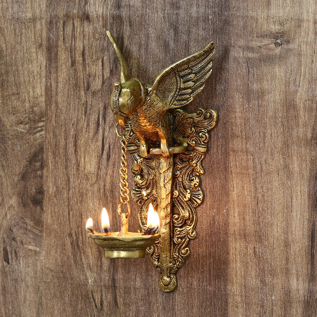 Golden Decorative Handcrafted Parrot Holding Brass wall Hanging Diya for 5 wicks Kafalo