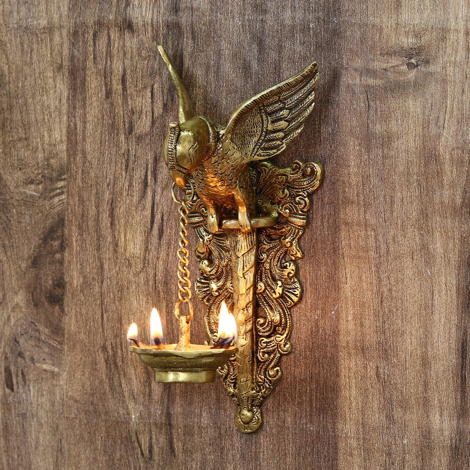Golden Decorative Handcrafted Parrot Holding Brass wall Hanging Diya for 5 wicks Kafalo