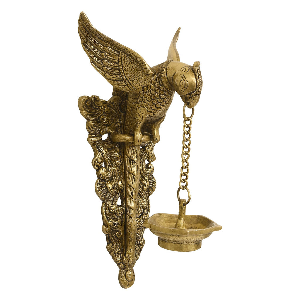 Golden Decorative Handcrafted Parrot Holding Brass wall Hanging Diya for 5 wicks Kafalo
