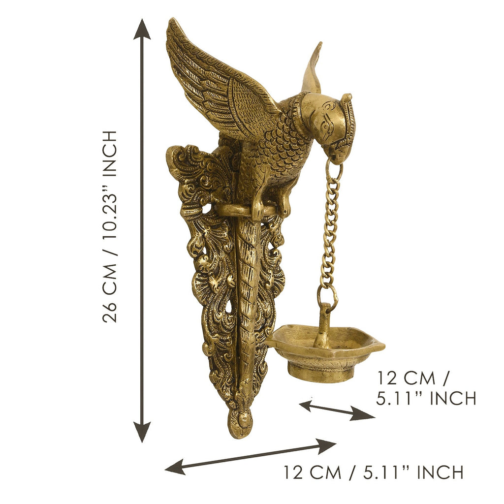Golden Decorative Handcrafted Parrot Holding Brass wall Hanging Diya for 5 wicks Kafalo