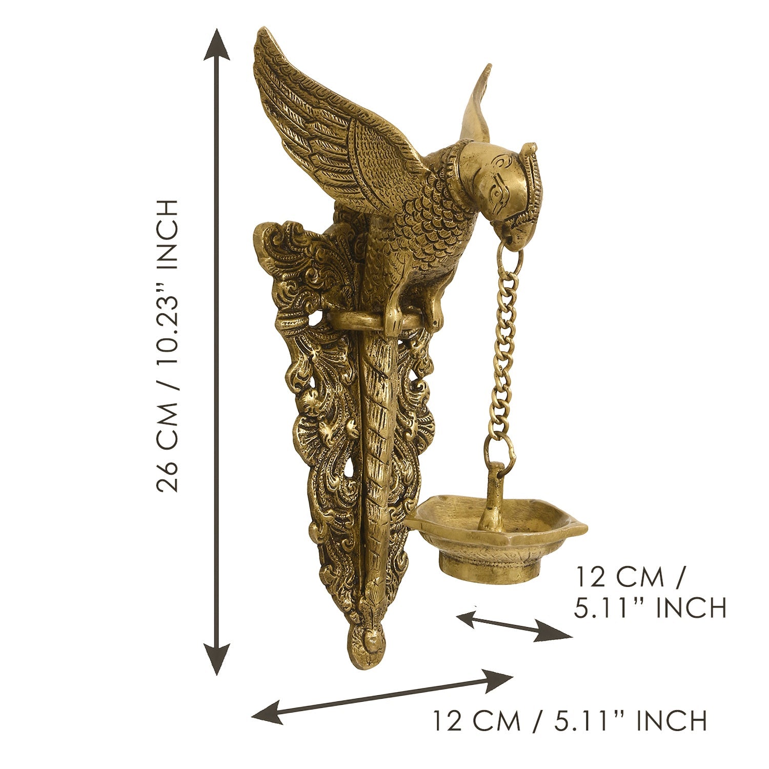 Golden Decorative Handcrafted Parrot Holding Brass wall Hanging Diya for 5 wicks Kafalo