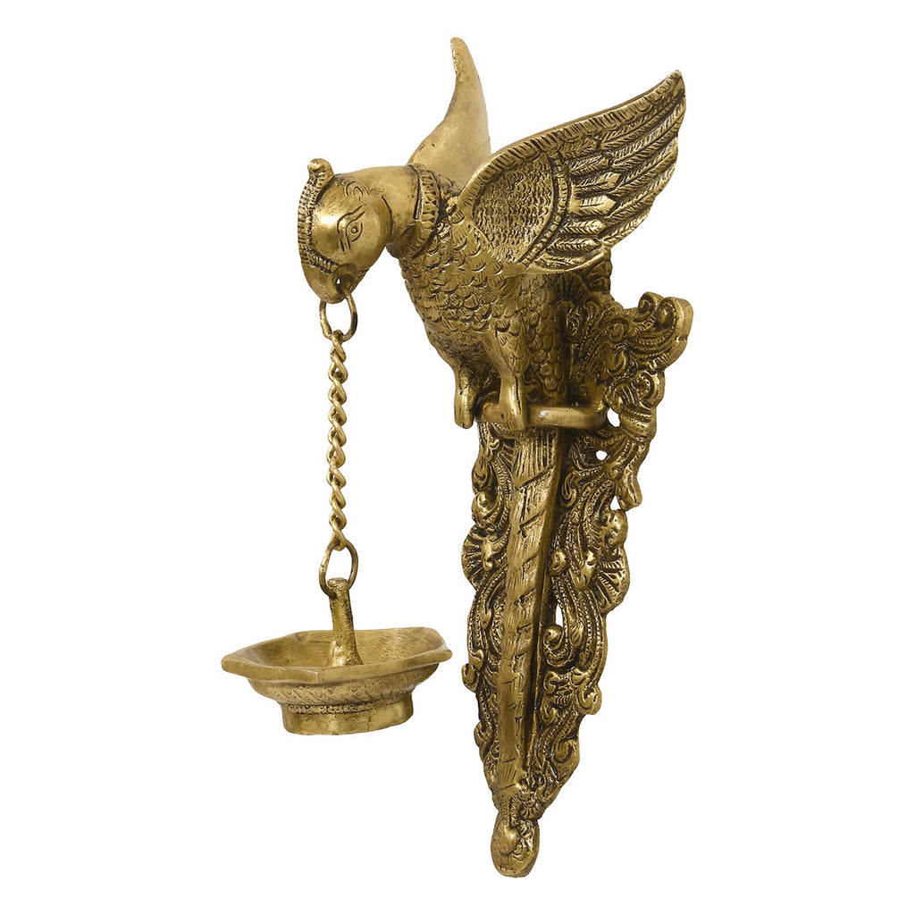 Golden Decorative Handcrafted Parrot Holding Brass wall Hanging Diya for 5 wicks Kafalo