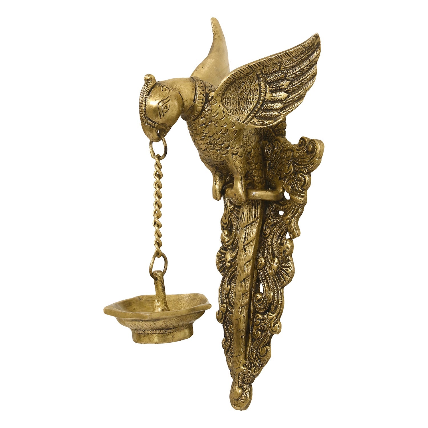 Golden Decorative Handcrafted Parrot Holding Brass wall Hanging Diya for 5 wicks Kafalo
