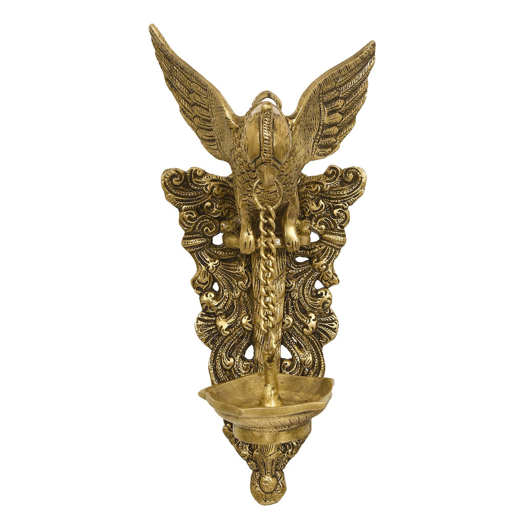 Golden Decorative Handcrafted Parrot Holding Brass wall Hanging Diya for 5 wicks Kafalo