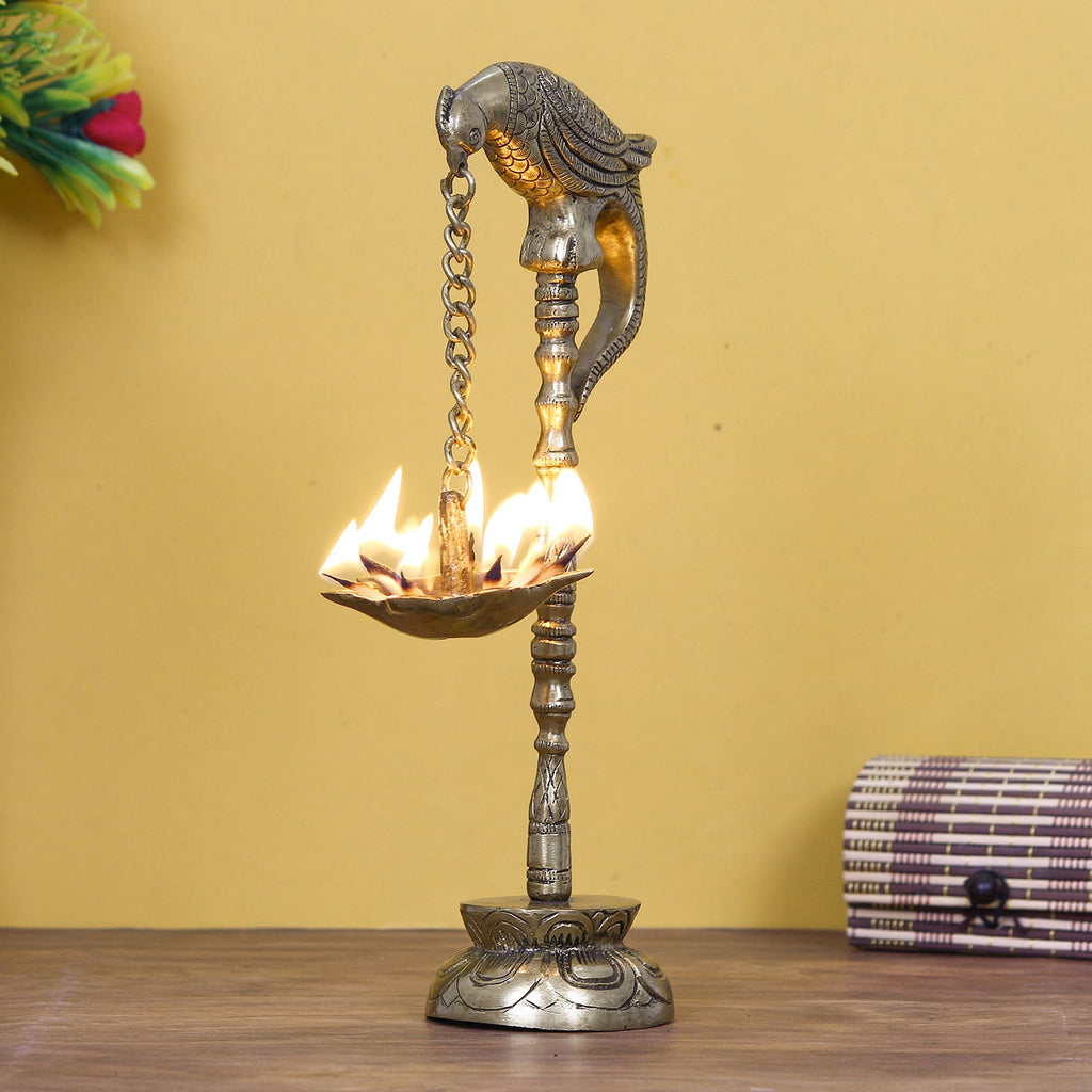 Golden Decorative Handcrafted Parrot Showpiece Brass Diya Stand with 7 wicks Kafalo