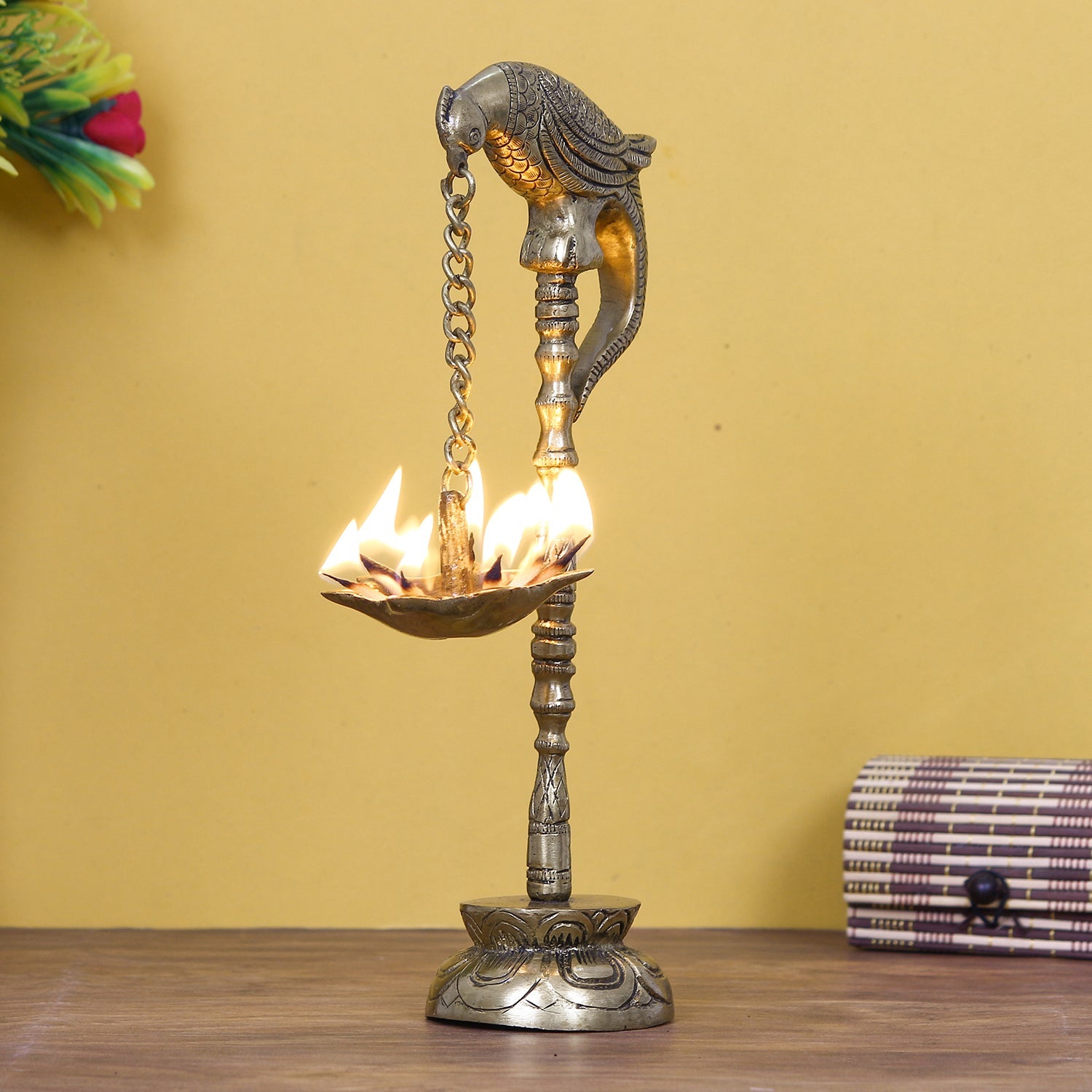 Golden Decorative Handcrafted Parrot Showpiece Brass Diya Stand with 7 wicks Kafalo