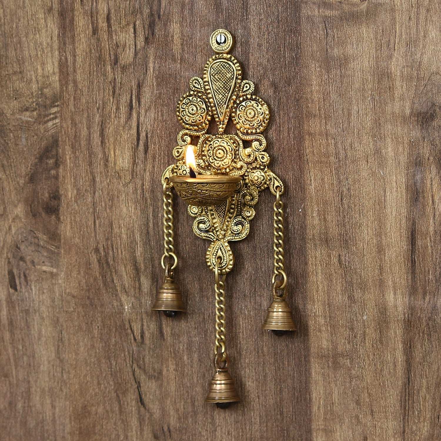 Golden Antique Finish Decorative Handcrafted Brass Wall Hanging Diya with Bells Kafalo
