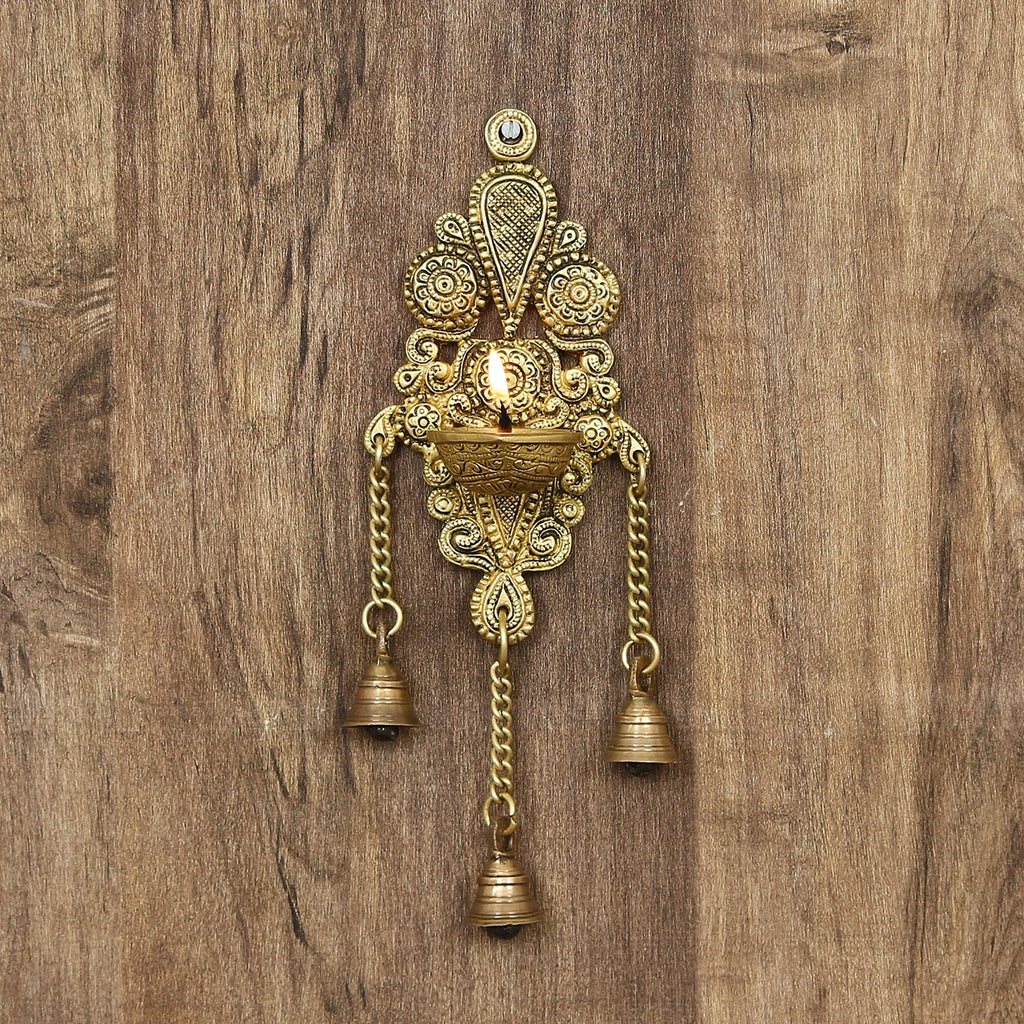 Golden Antique Finish Decorative Handcrafted Brass Wall Hanging Diya with Bells Kafalo