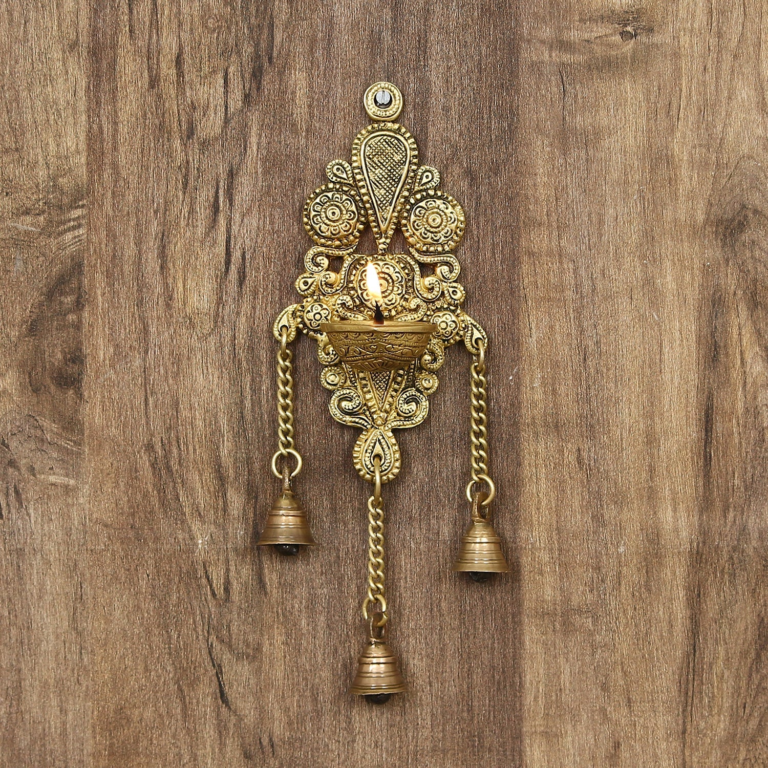 Golden Antique Finish Decorative Handcrafted Brass Wall Hanging Diya with Bells Kafalo